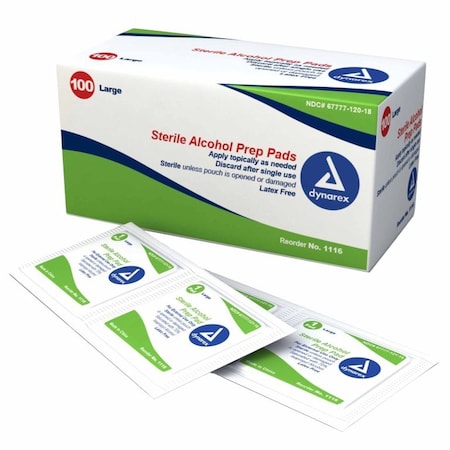 Dynarex Alcohol Prep Pad 70% Strength Isopropyl Alcohol Individual Packet Large Sterile, 100PK 1116